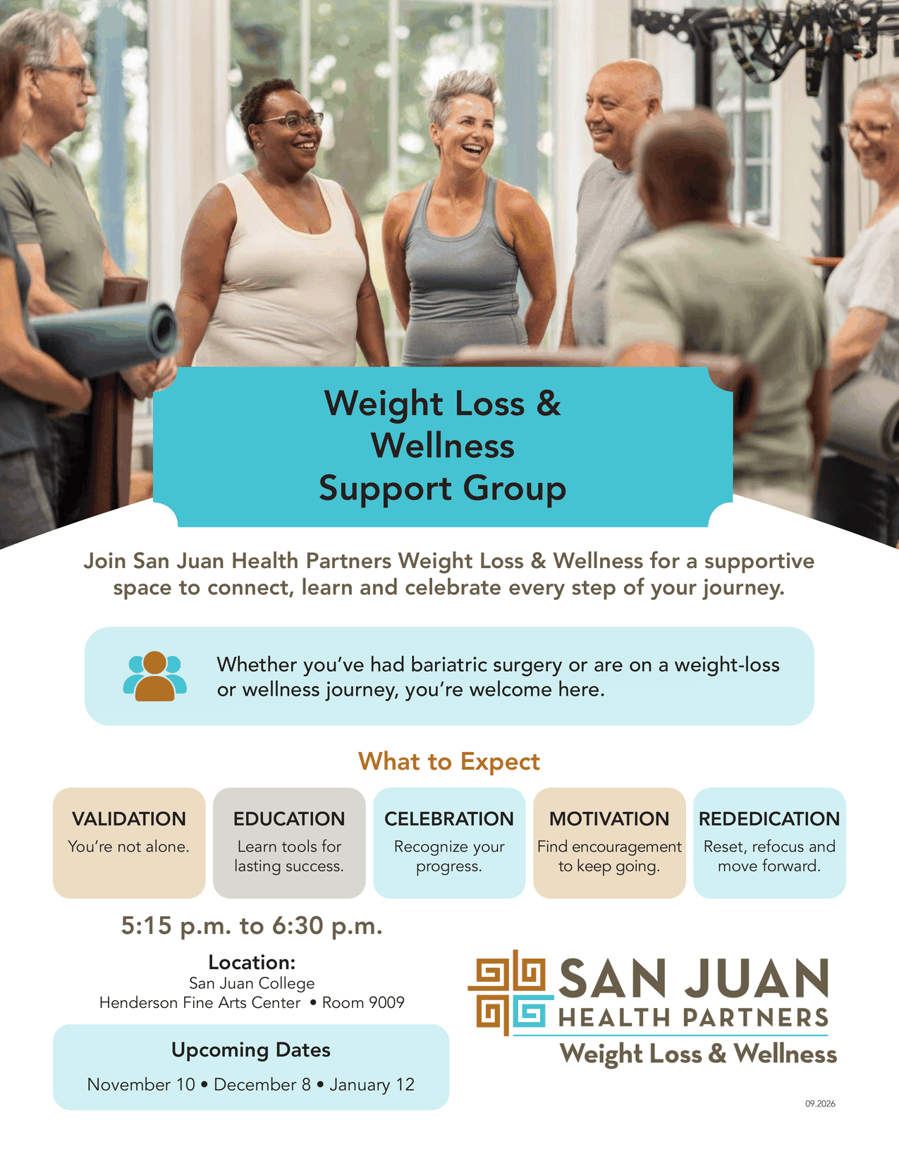 Weight Loss & Wellness Support Group flyer. Meets 5:15 p.m. to 6:30 p.m. at San Juan College, Henderson Fine Arts Center, Room 9009. Upcoming dates: November 10, December 8 and January 12.